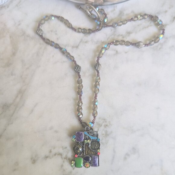 Micro Mosaic Y2K Enamel Steampunk Glass Beaded Necklace Boho Wearable Art Metal - Picture 8 of 10